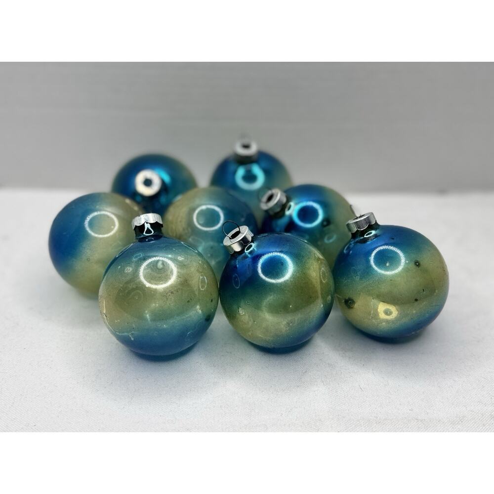 8 VINTAGE SHINY BRITE OMBRE BLUE GOLD/SILVER MERCURY GLASS CHRISTMAS ORNAMENTS
